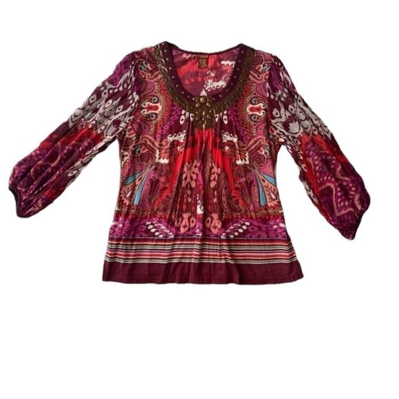 Julie G Paisley red boho Long Sleeve Top Medium - Picture 1 of 5